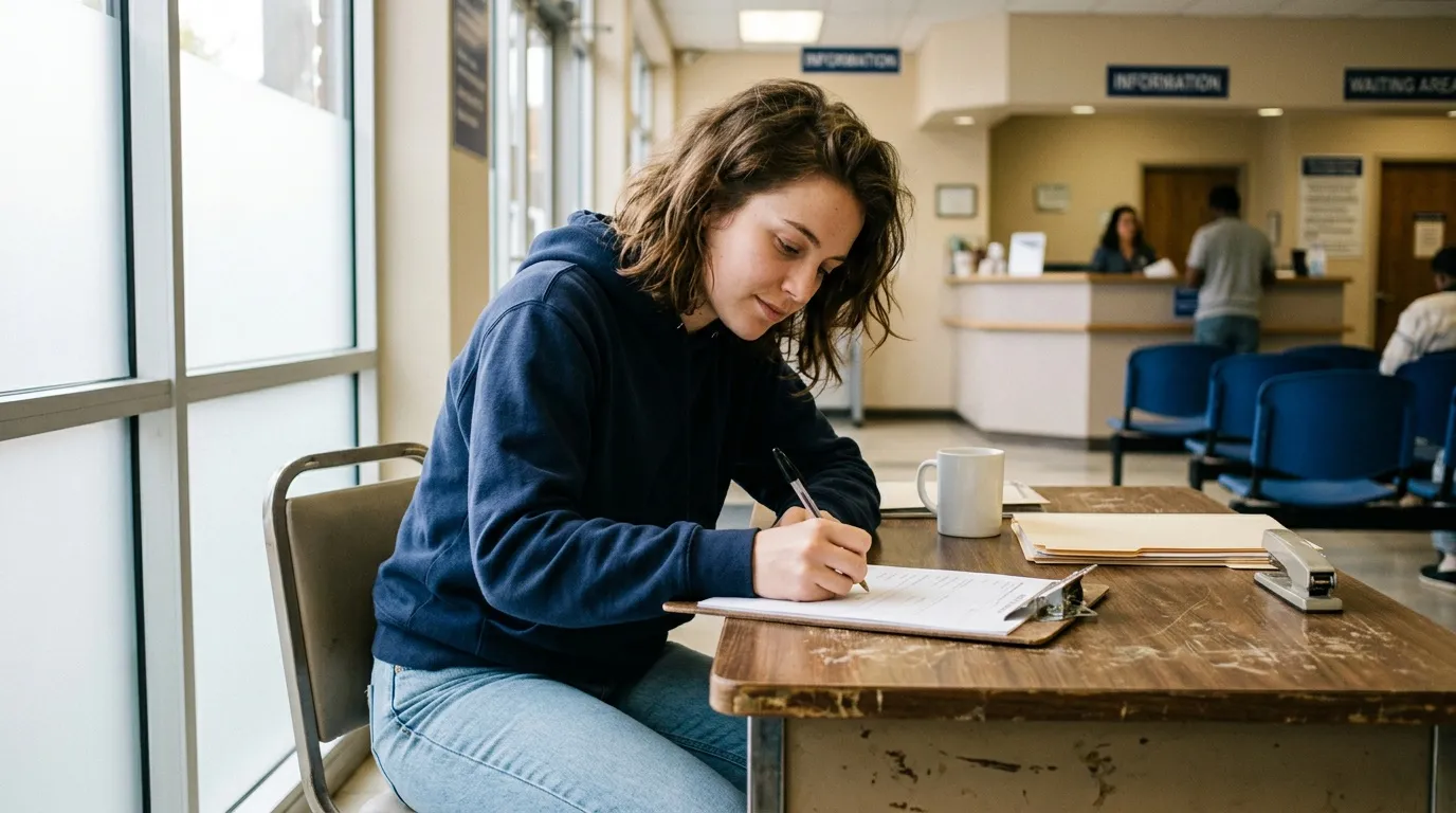 Femme &eacute;crivant sur un formulaire dans une salle d'attente