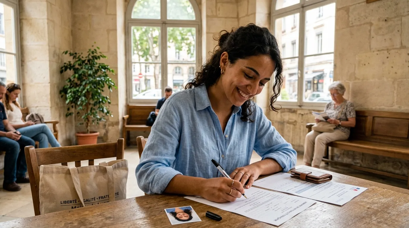 Femme souriante remplissant son bulletin de vote
