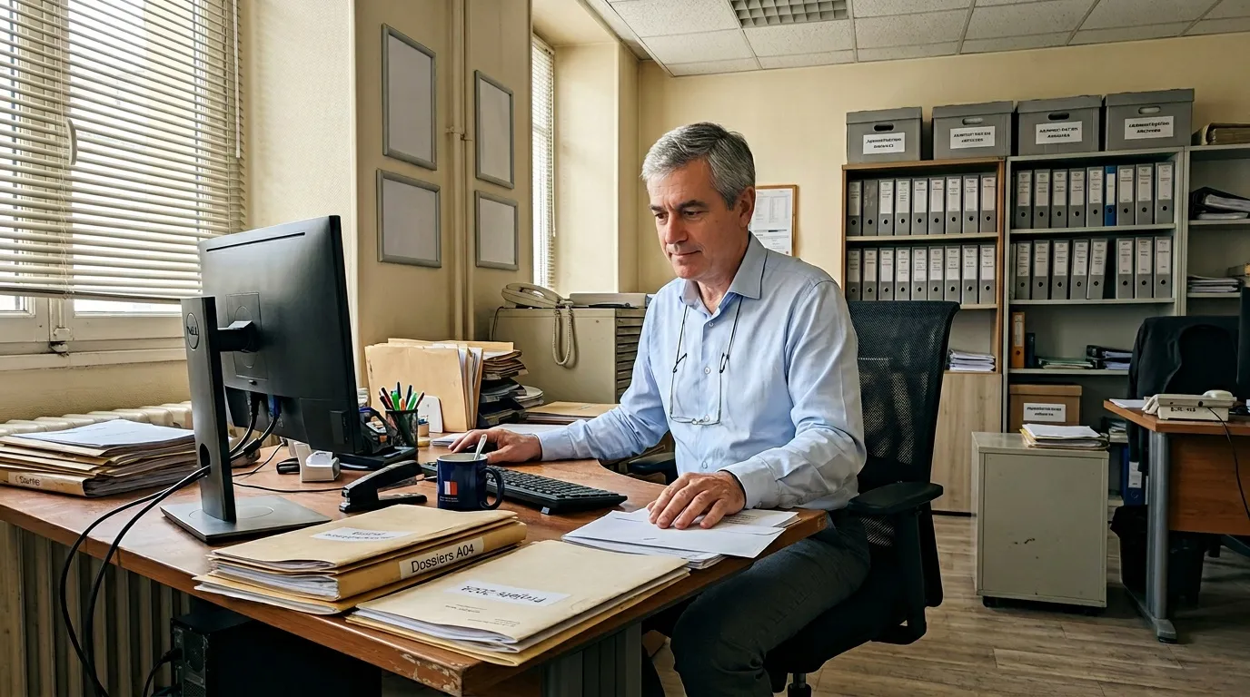 Homme en chemise bleue travaillant &agrave; son ordinateur de bureau