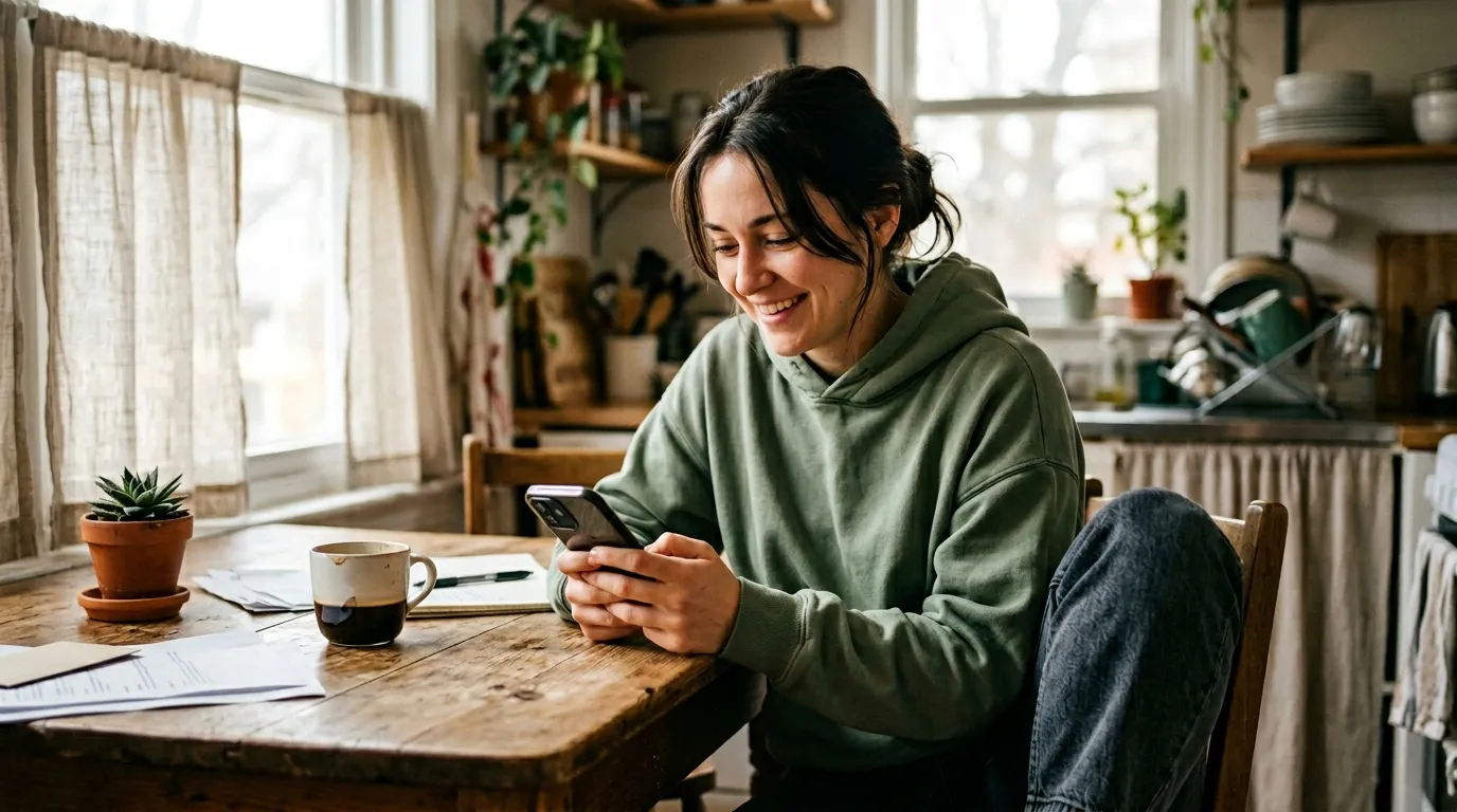 Femme en hoodie vert sourit en regardant son t&eacute;l&eacute;phone &agrave; table