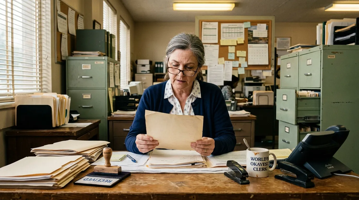 Femme dans un bureau examinant des papiers administratifs.
