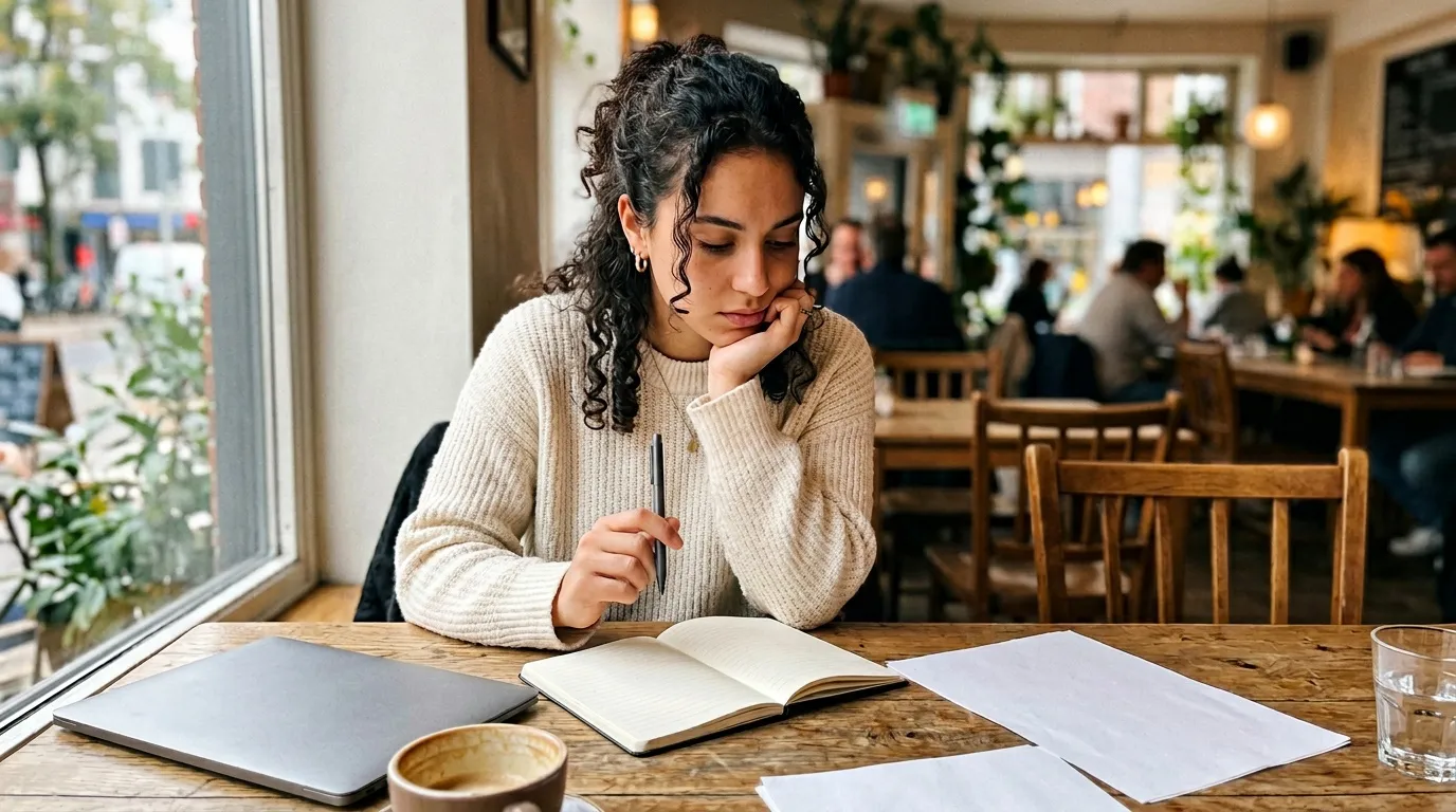 Femme avec stylo &eacute;crivant dans un carnet au caf&eacute;