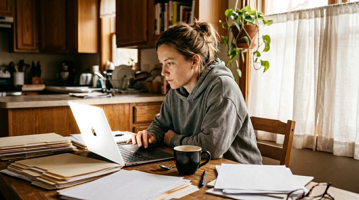 Femme concentr&eacute;e travaillant sur ordinateur portable &agrave; table cuisine