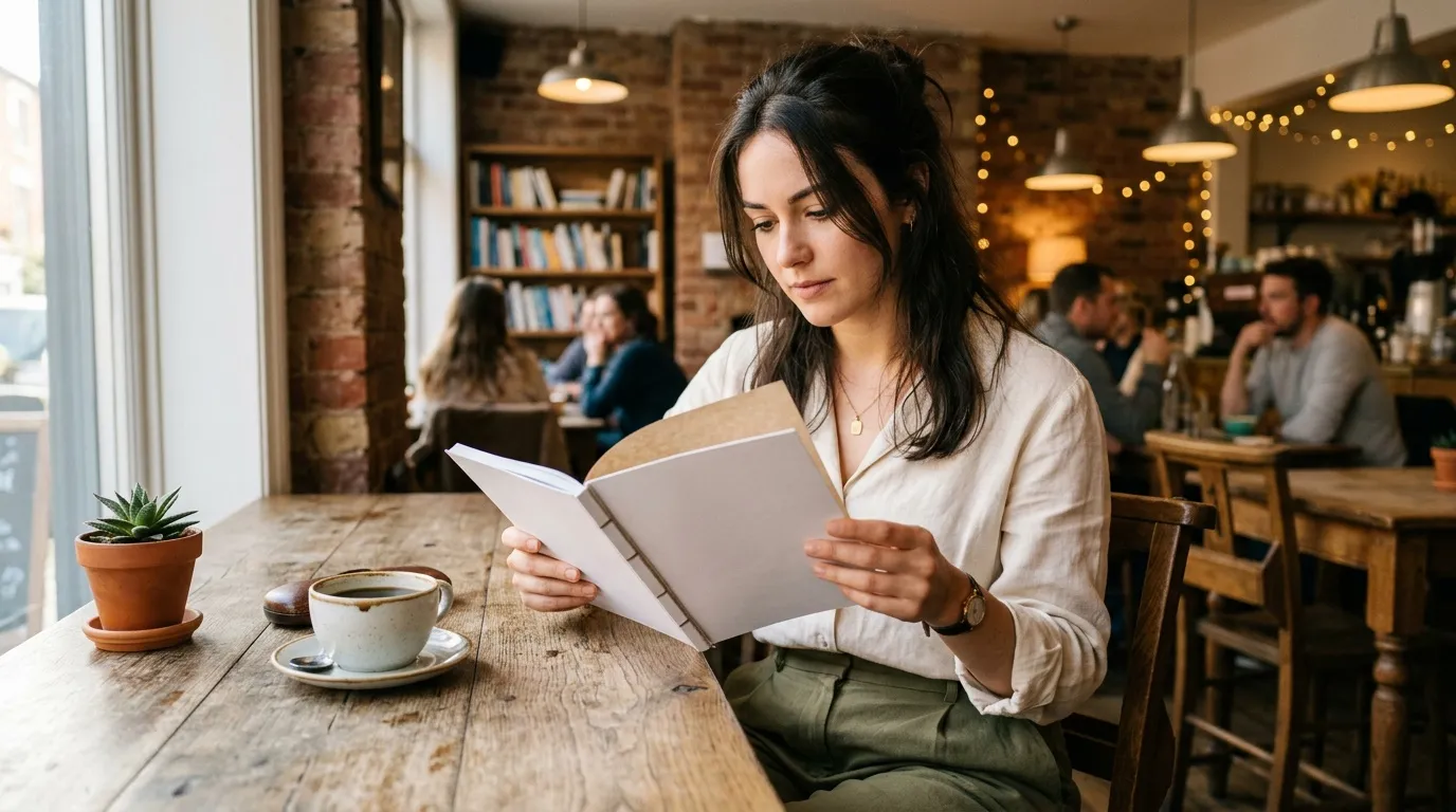 Femme lisant un livre au caf&eacute; avec sa tasse de caf&eacute;