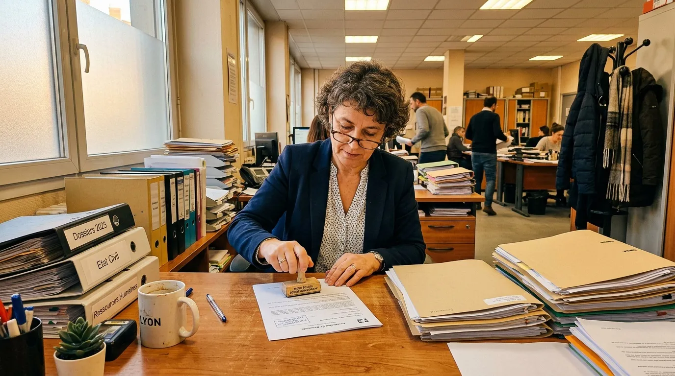 Femme en costume bleu travaillant sur des documents dans un bureau