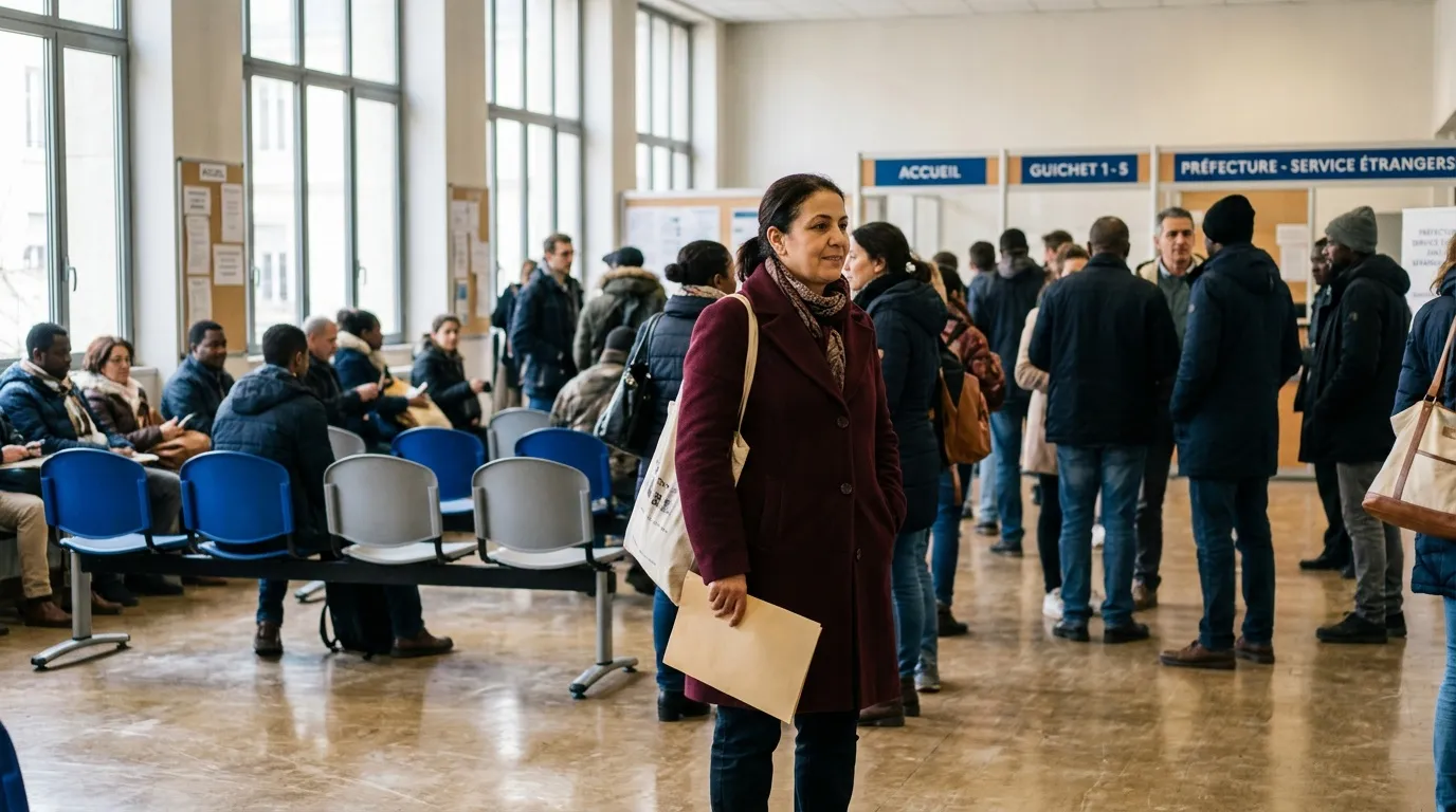 Femme attendant dans une file d'attente administrative