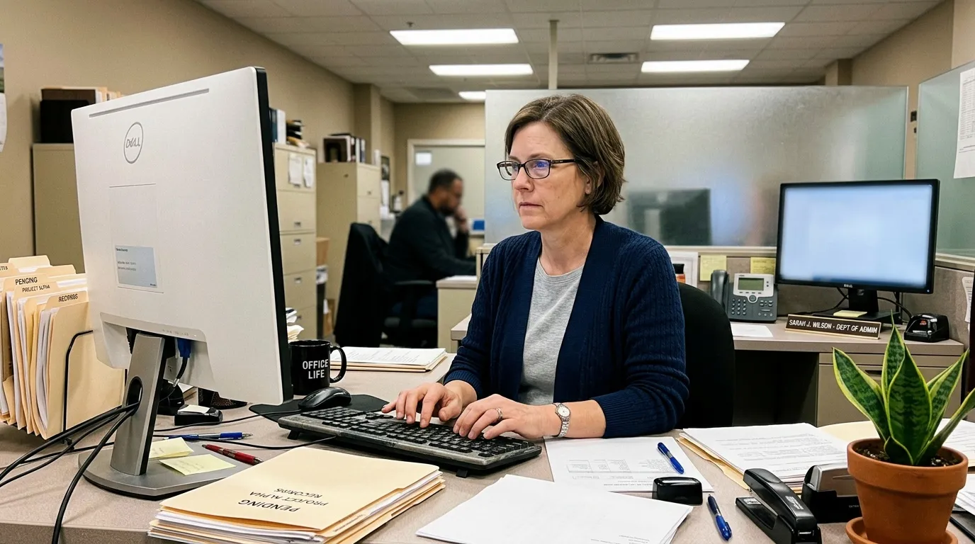 Femme en cardigan bleu travaillant sur ordinateur au bureau