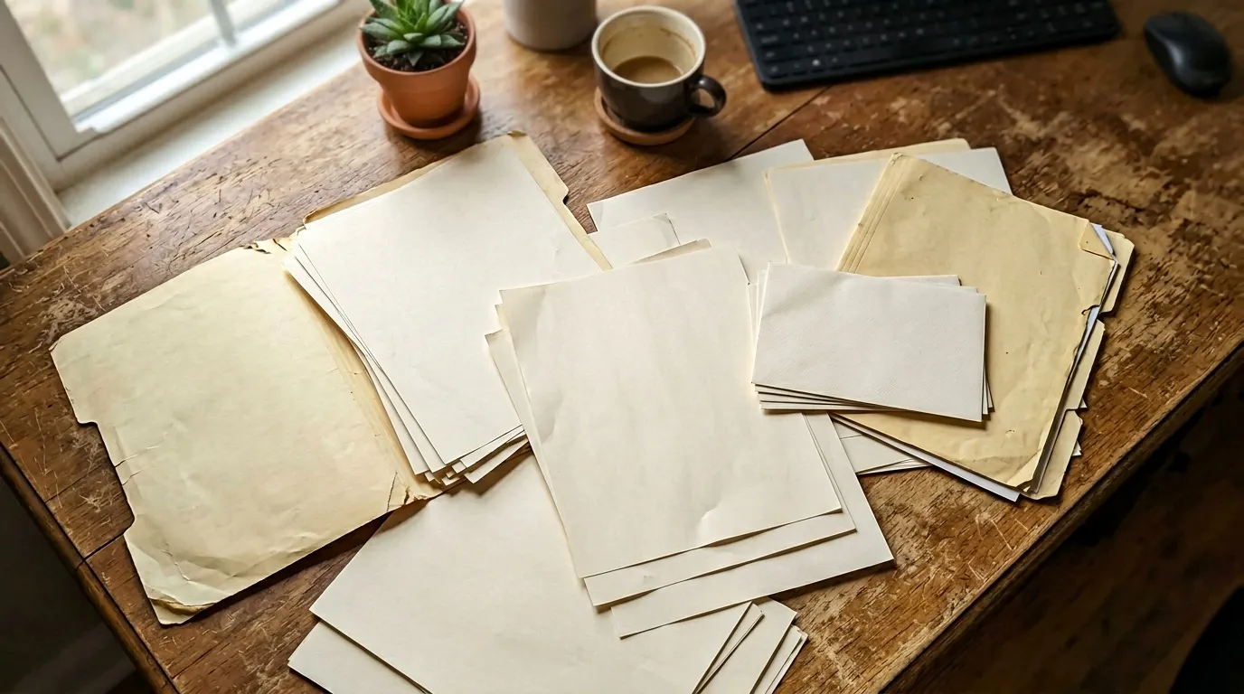 Bureau en bois avec papiers blancs, caf&eacute; et plante verte