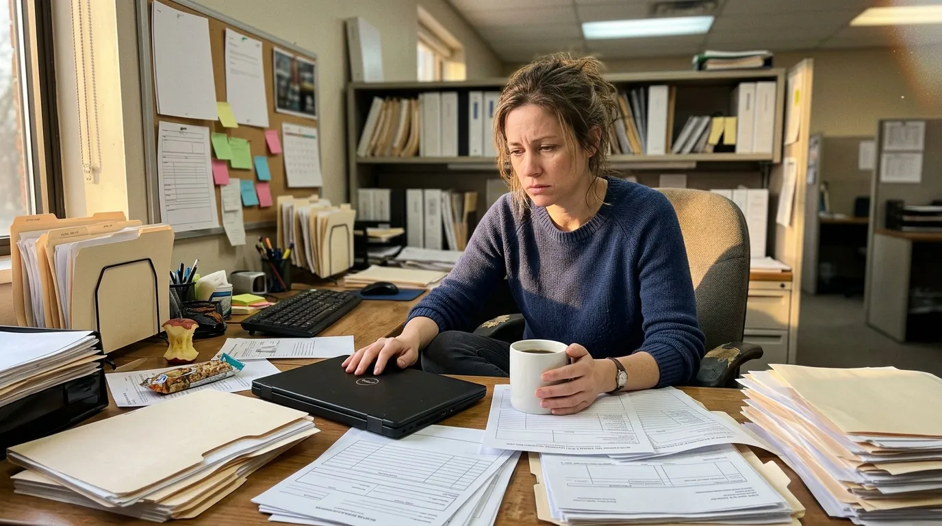 Femme au bureau entour&eacute;e de documents et dossiers