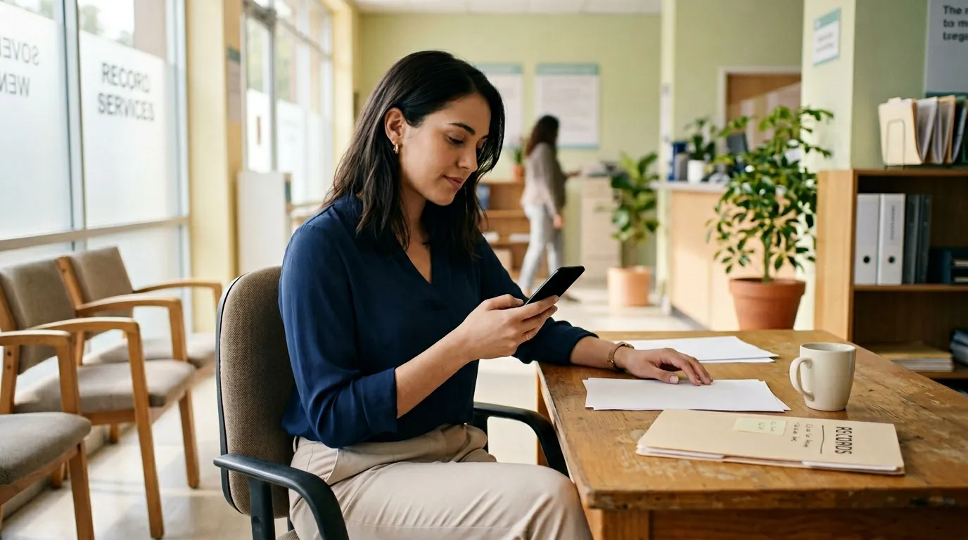Femme en bleu v&eacute;rifie son t&eacute;l&eacute;phone &agrave; son bureau