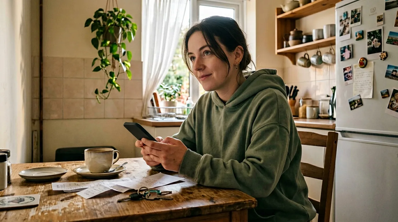 Femme au t&eacute;l&eacute;phone &agrave; sa table de cuisine avec un caf&eacute;