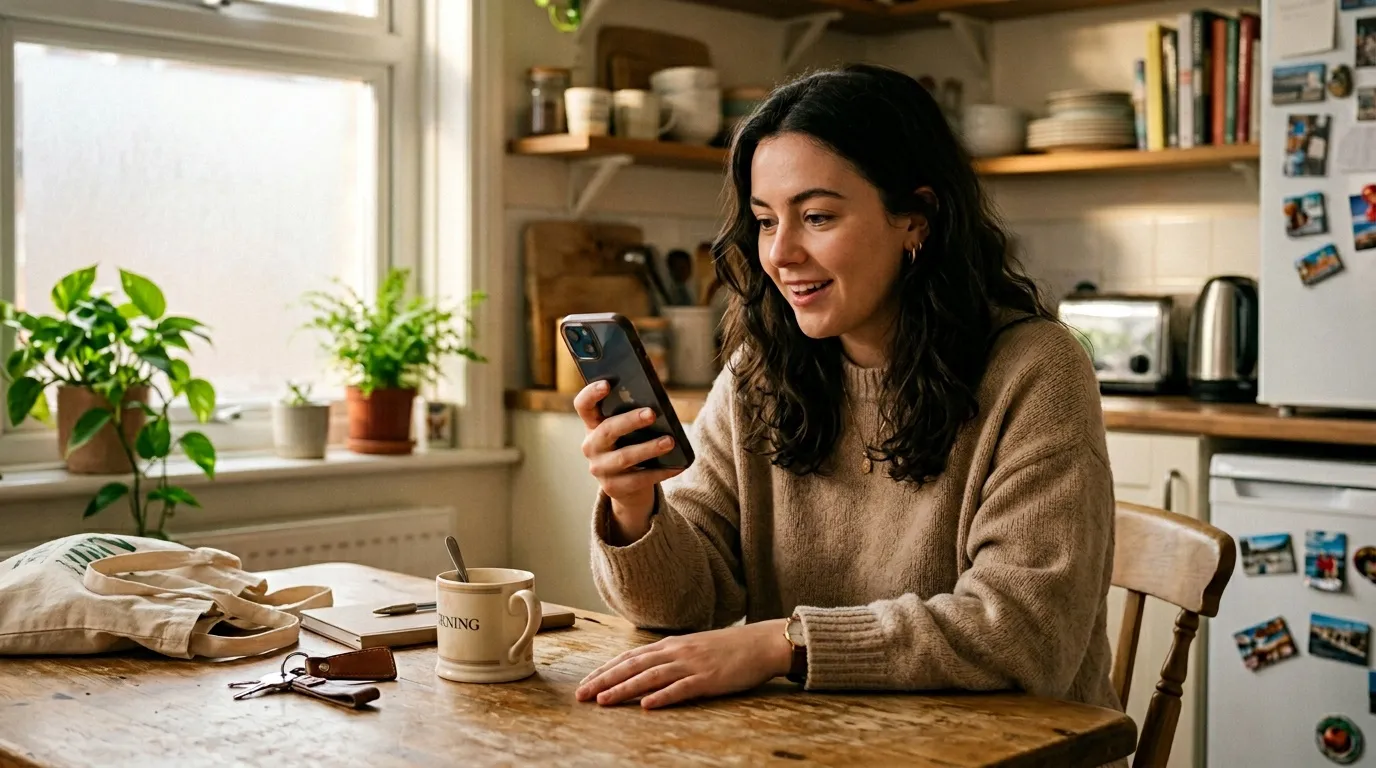 Femme souriante utilisant son t&eacute;l&eacute;phone dans une cuisine ensoleill&eacute;e