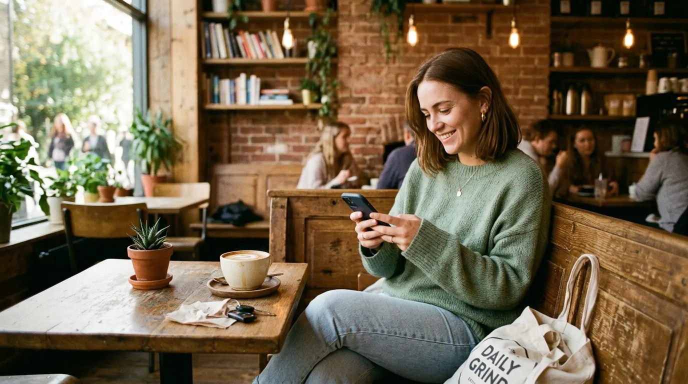 Femme souriante utilisant son t&eacute;l&eacute;phone dans un caf&eacute; branch&eacute;