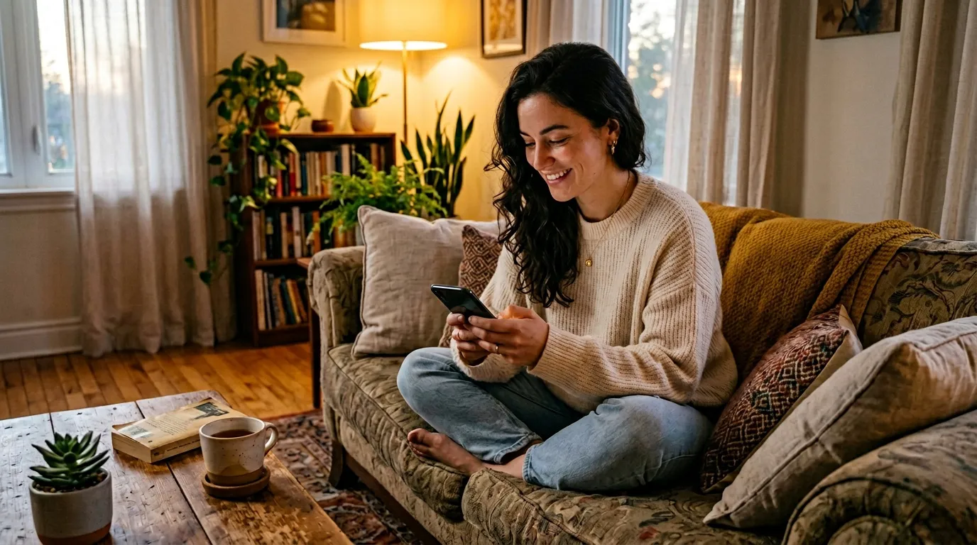Femme sur canap&eacute; utilisant smartphone dans salon cosy