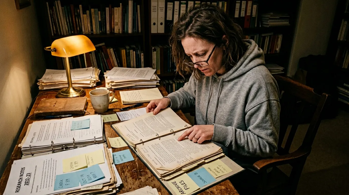 Femme consultant des documents archiv&eacute;s &agrave; une table de travail