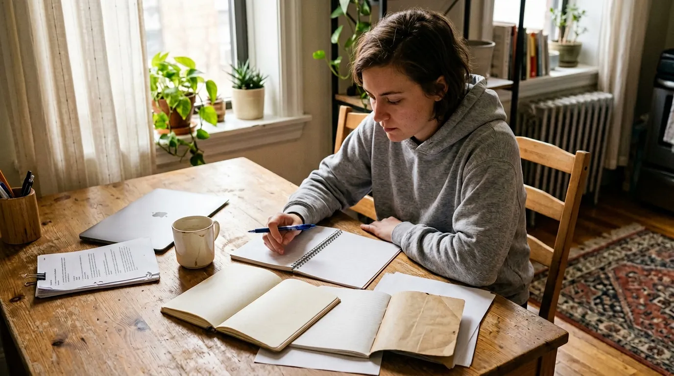 Jeune homme &eacute;crivant dans un carnet &agrave; une table de travail