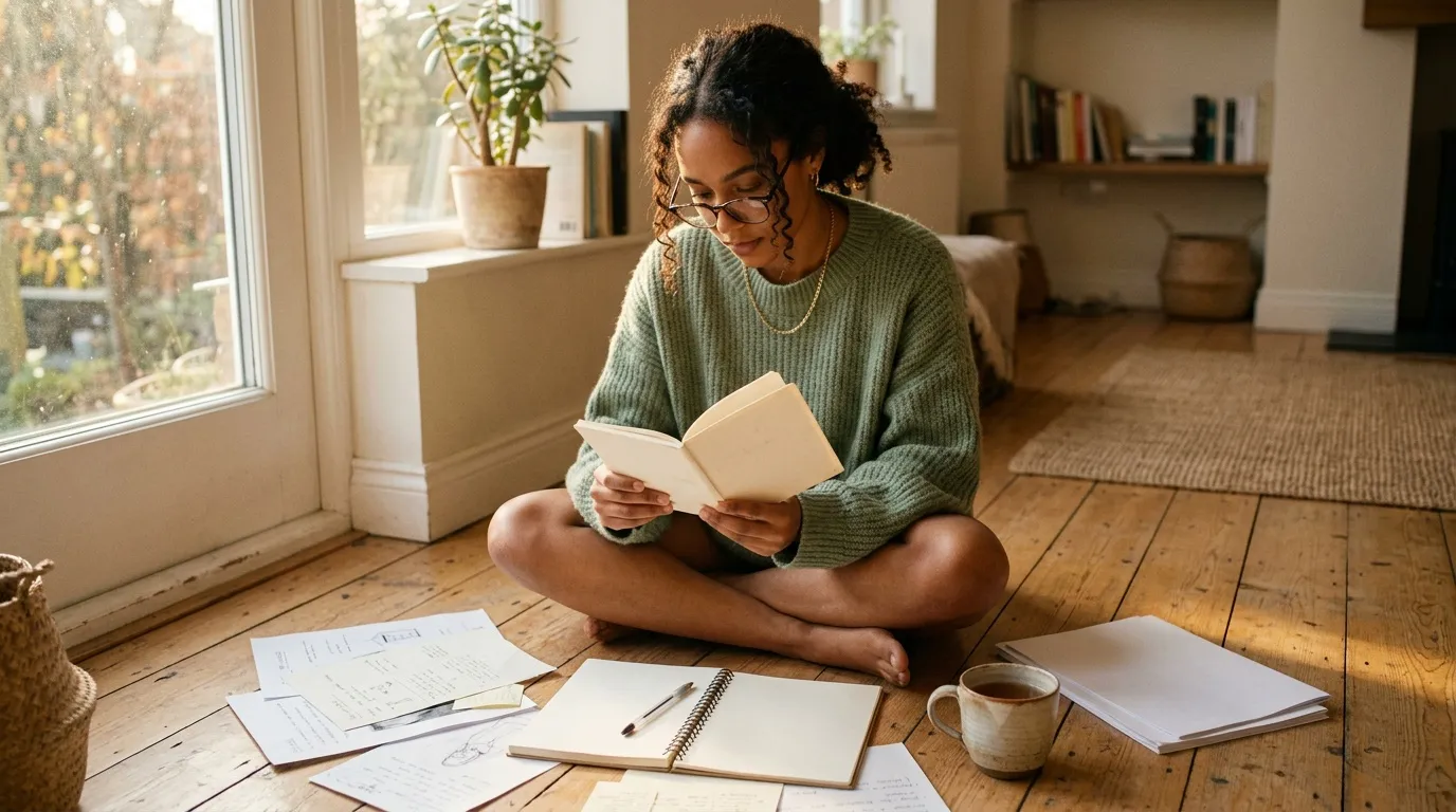 Femme lisant un livre assise sur le sol entour&eacute;e de documents