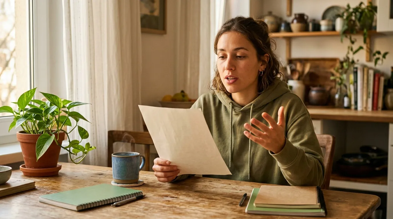 Femme en hoodie olive lisant un document &agrave; son bureau