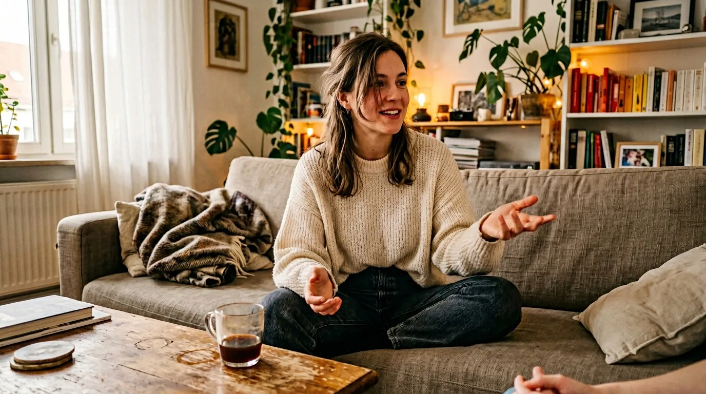 Femme assise sur canap&eacute;, souriant, int&eacute;rieur chaleureux avec plantes