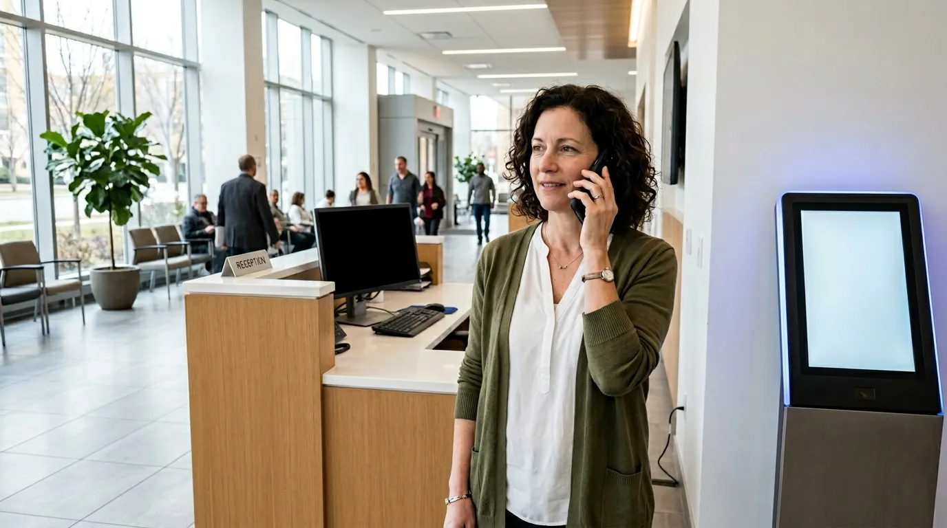 Femme au t&eacute;l&eacute;phone dans hall d'accueil moderne