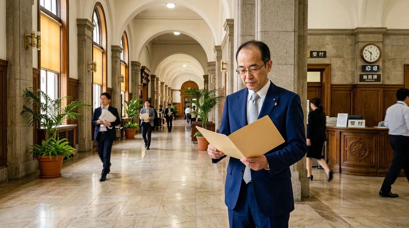 Homme en costume bleu lisant un document dans un couloir institutionnel