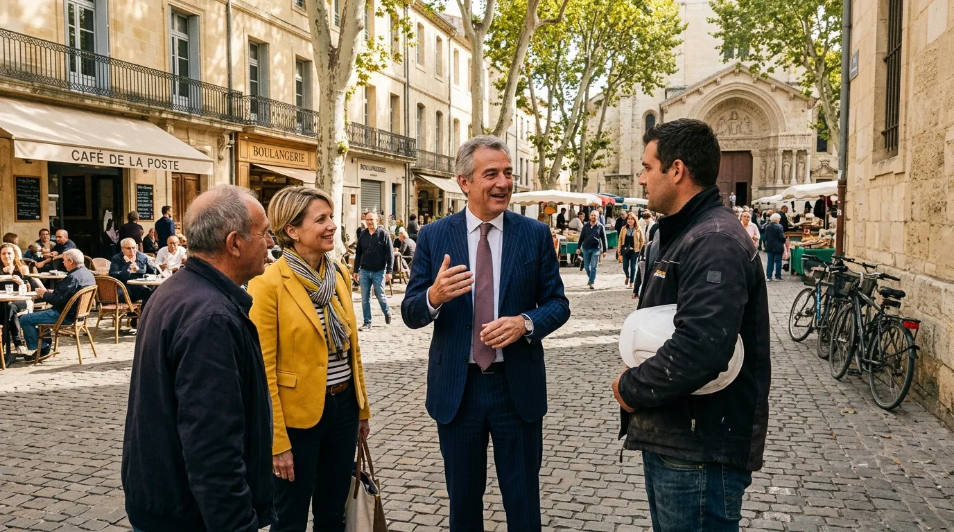 Quatre personnes discutent dans une rue parisienne pav&eacute;e