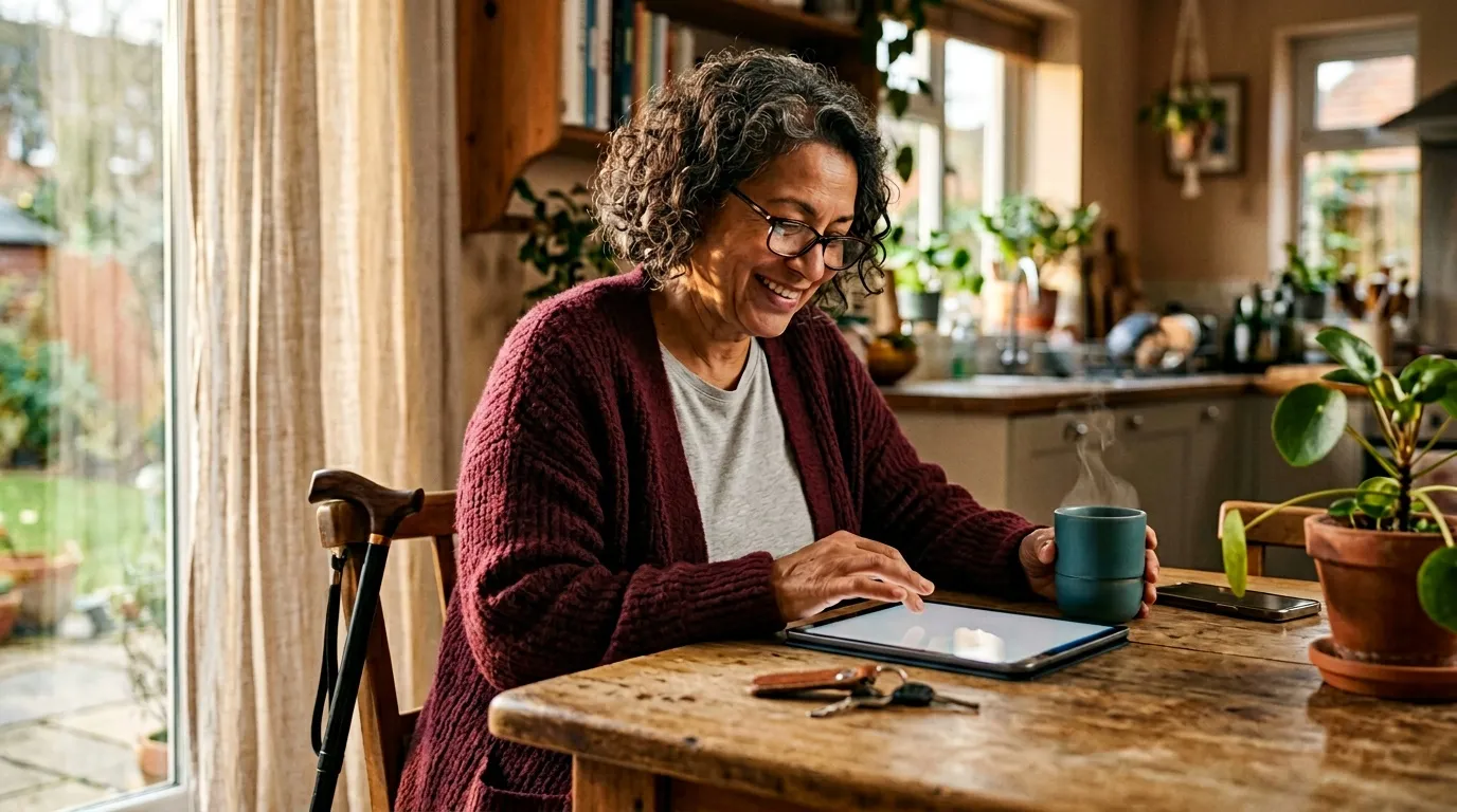 Femme &acirc;g&eacute;e souriante utilise une tablette &agrave; sa table