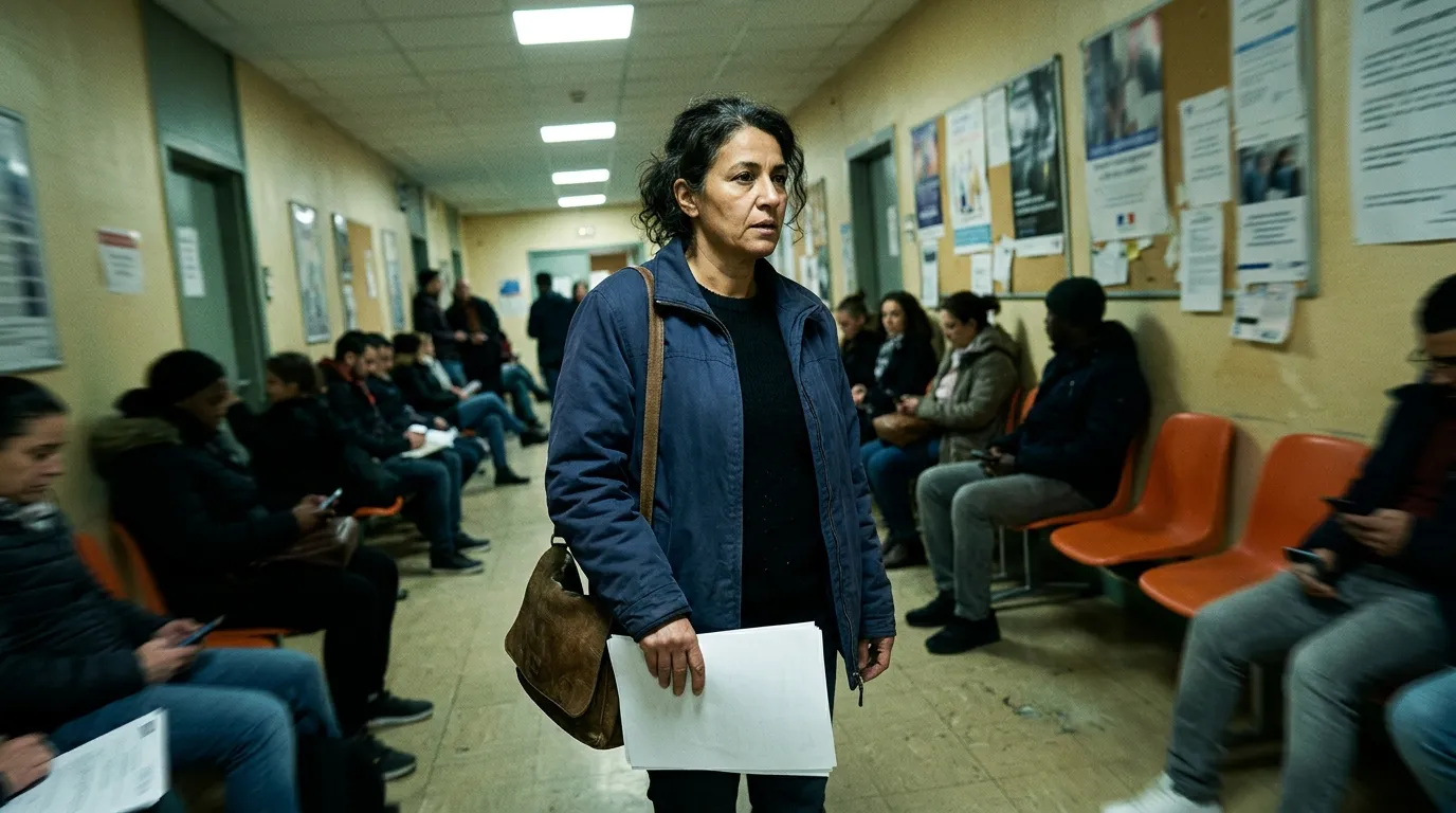 Femme debout avec document dans couloir d'attente médical