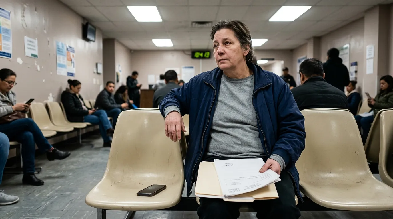 Homme tenant des documents dans une salle d'attente administrative.