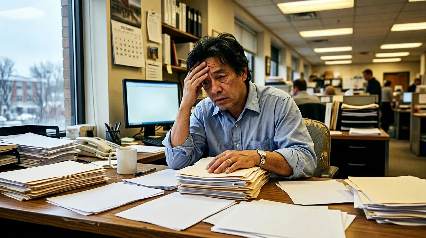 Homme fatigué à son bureau entouré de documents