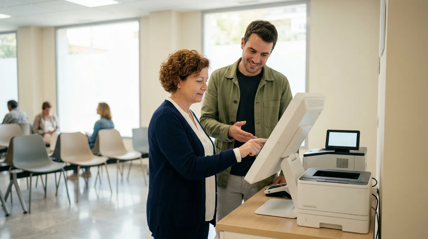 Homme et femme interagissent avec écran tactile en bureau