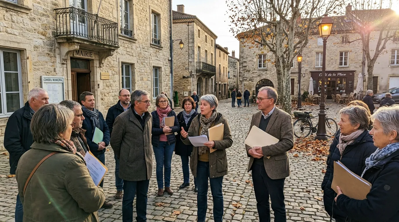 Groupe de personnes &eacute;coutant un discours dans une place pav&eacute;e