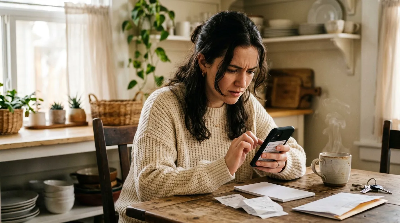 Femme examine son t&eacute;l&eacute;phone avec documents financiers sur table