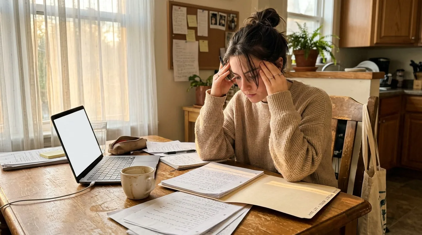 Femme stress&eacute;e travaillant sur son ordinateur portable &agrave; la maison