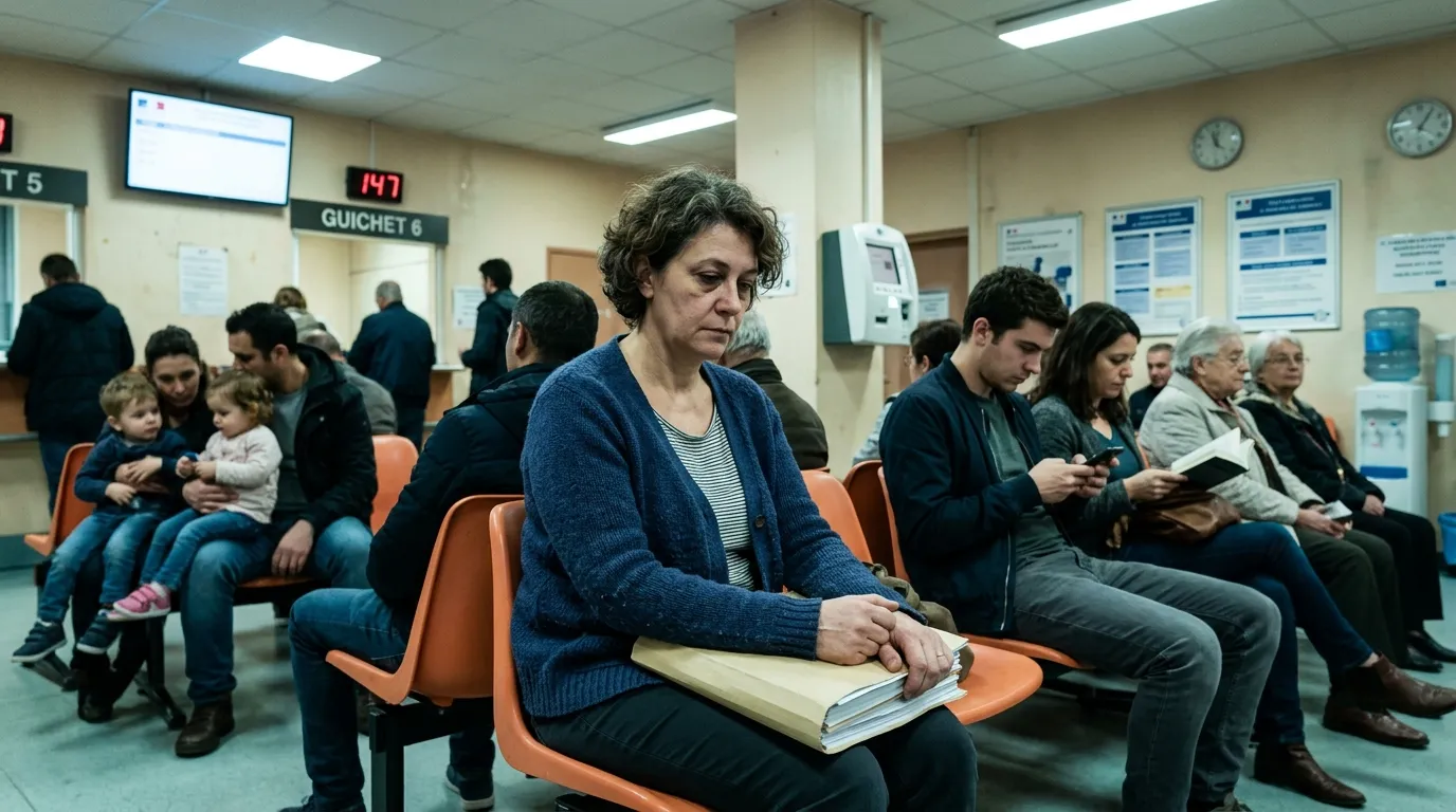 Femme lisant dans une salle d'attente m&eacute;dicale bond&eacute;e