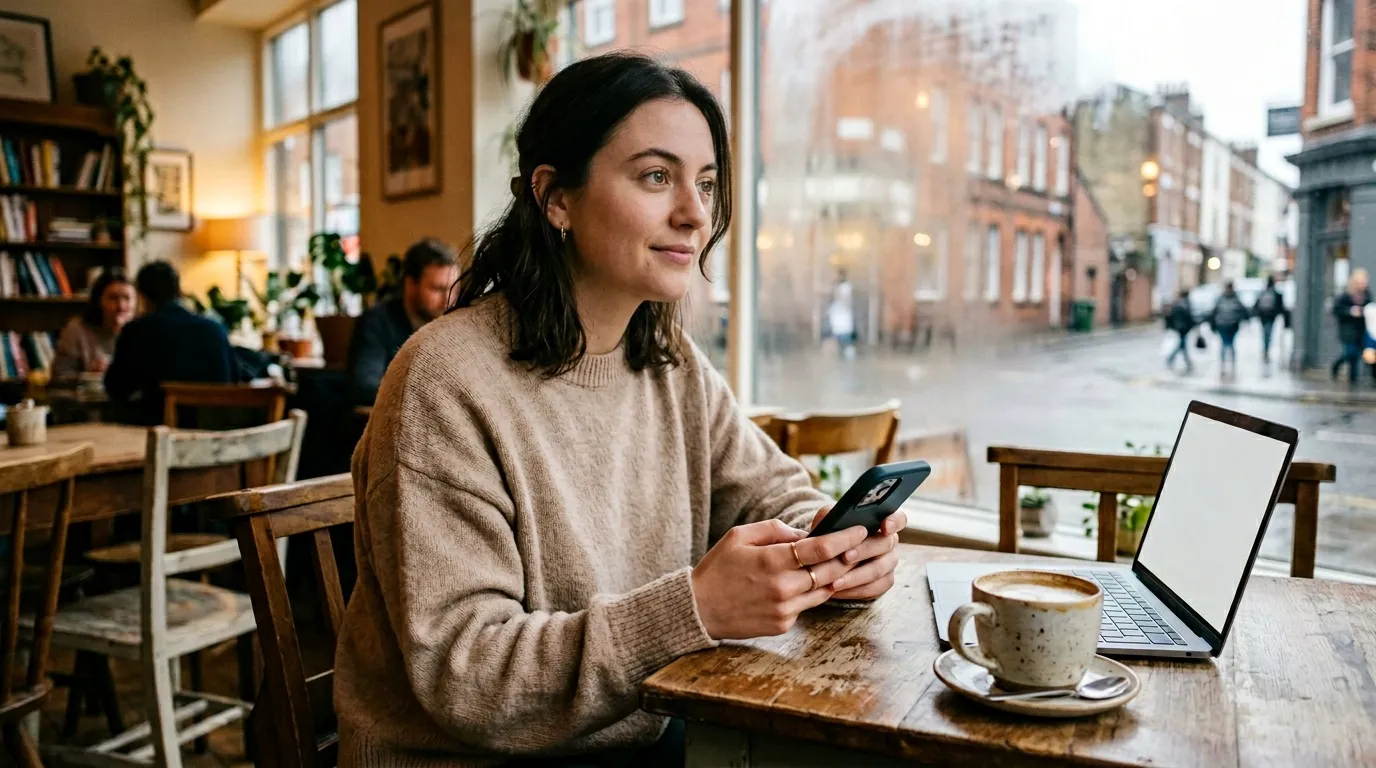 Femme travaillant sur son t&eacute;l&eacute;phone dans un caf&eacute; avec laptop