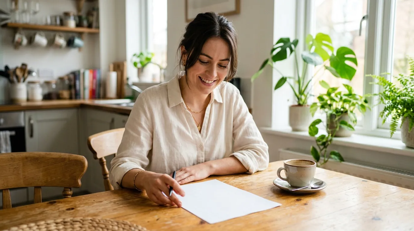 Femme souriante &eacute;crivant &agrave; une table en bois dans une cuisine lumineuse