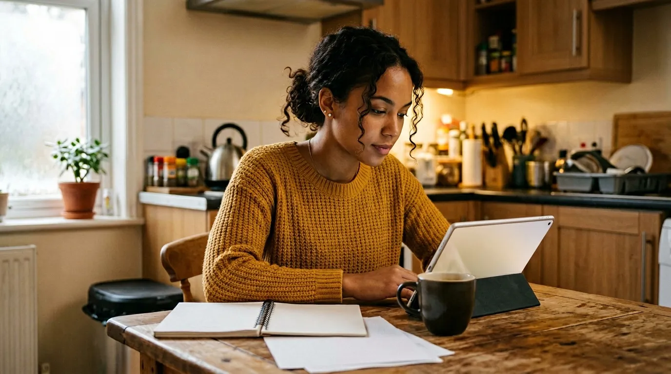 Femme en pull jaune utilise une tablette &agrave; sa table de cuisine