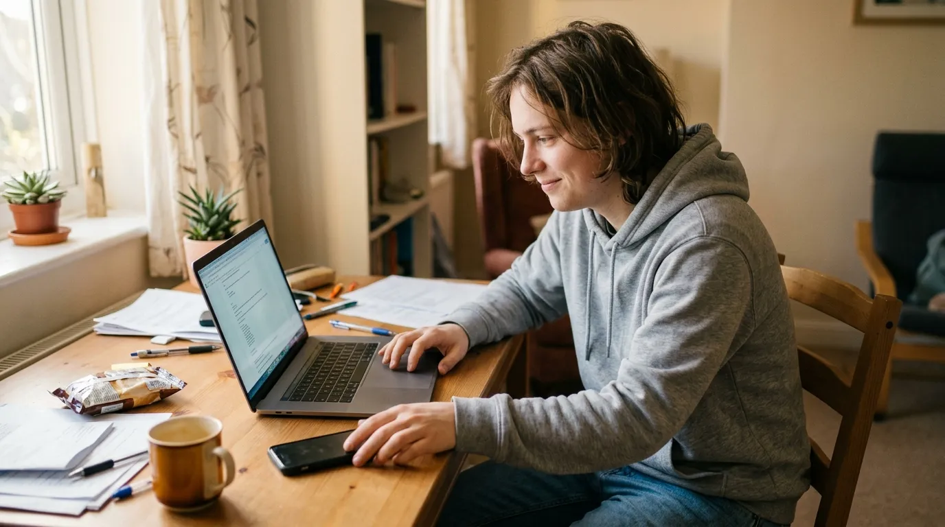 Adolescent &eacute;tudiant sur laptop &agrave; son bureau avec caf&eacute;