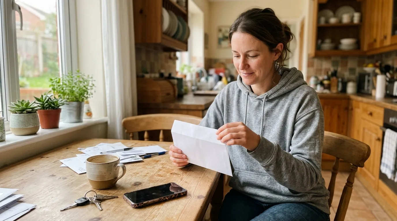 Femme en hoodie gris lisant document &agrave; table cuisine