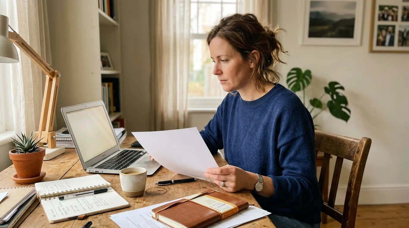Femme en pull bleu travaille &agrave; son bureau avec ordinateur portable