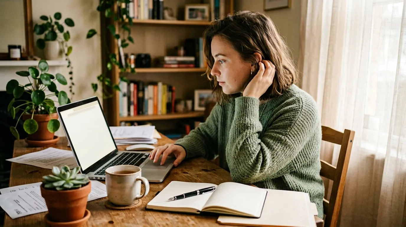 Femme en pull vert travaillant sur ordinateur portable &agrave; son bureau