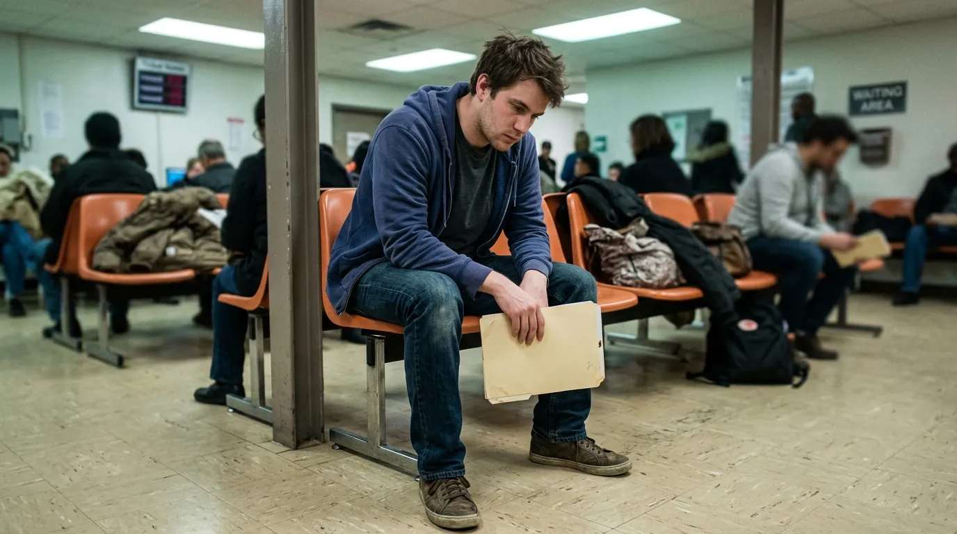 Jeune homme tenant un dossier dans une salle d'attente bond&eacute;e