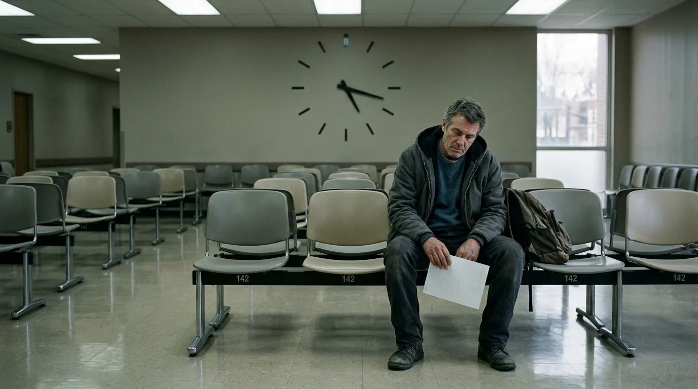 Homme seul assis dans une salle d'attente vide