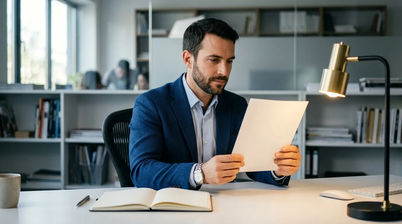 Homme d'affaires en blazer bleu examinant document au bureau