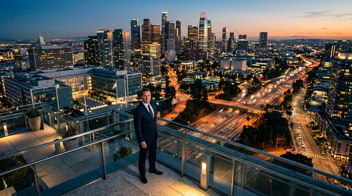 Homme en costume sur terrasse surplombant Los Angeles au crépuscule