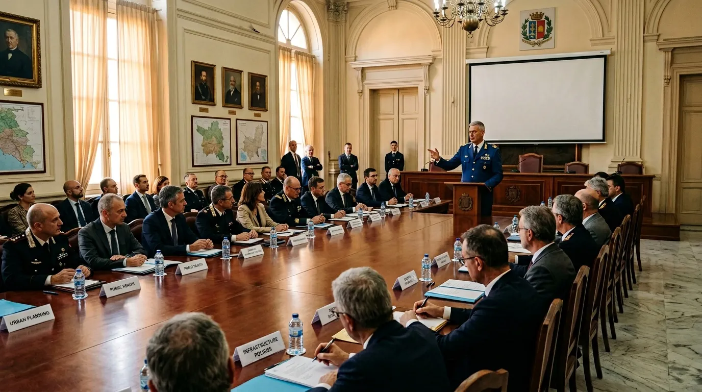 Officiers militaires et ministres en r&eacute;union officielle dans une salle gouvernementale.