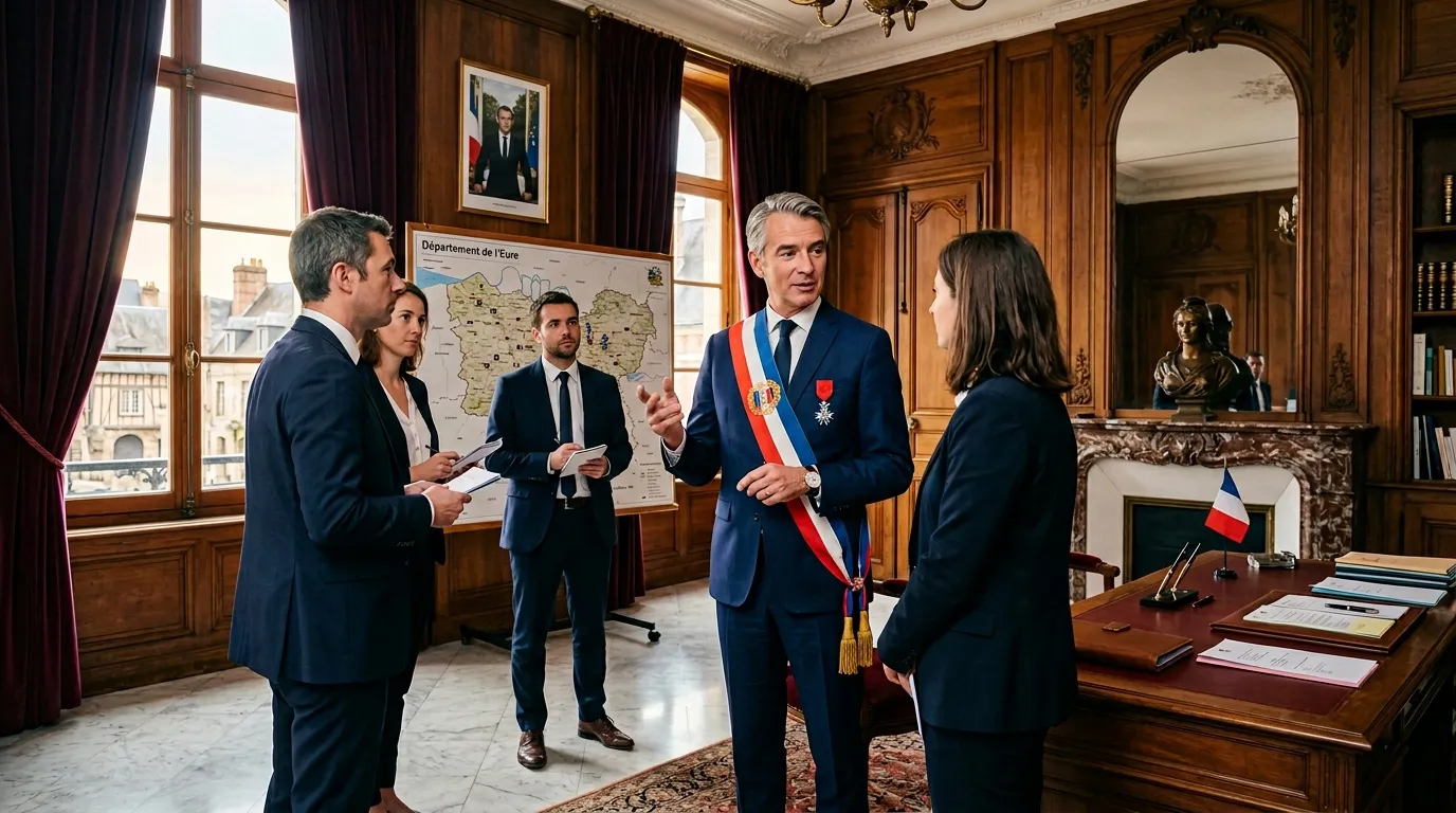 Pr&eacute;fet en &eacute;charpe tricolore discutant avec des collaborateurs dans un bureau